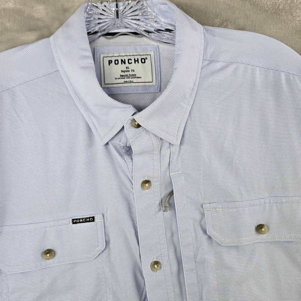 Poncho Fishing Shirt Mens XL Blue Micro Check Magnetic Pockets Long Sleeve